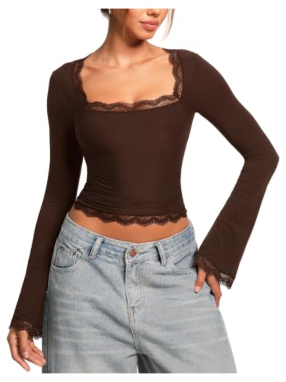 Women's Bell Sleeve Square Neck Lace Trim Fitted Double Lined Top